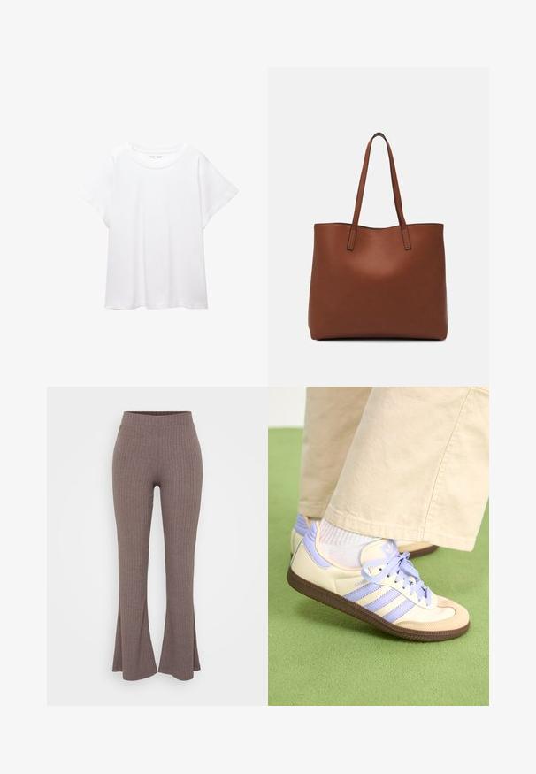 Vit t-shirt som är gjord av mjukt, lätt tyg. Har en rund halsringning och korta, vida ärmar med en avslappnad passform. Inga synliga mönster.; Bruna ribbade byxor med utsvängd nederdel, hög och elastisk midja samt en mjuk textur, med ett subtilt vertikalt mönster över hela ytan.; Krämfärgade och lavendelfärgade sneakers med tre ränder och en texturerad brun sula, med snören och en vadderad häl. Mjuk tygobero.; Brun läder tote-väska med en slät textur, öppen toppdesign och två axelremmar. Har minimal söm och ingen synlig metalldetalj.