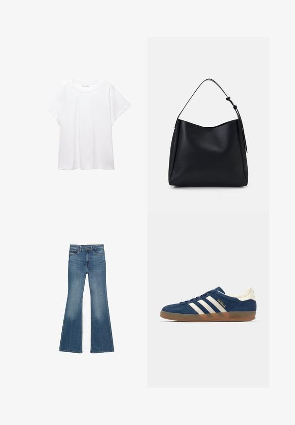 Bela majica s kratkimi rukavi, izdelana iz mehkega in lahkega blaga. Ima okroglo ovratnico ter kratke, široke rokave z udobnim krojem. Brez vidnih vzorcev.; Razširjene kavbojke iz srednje modrega denima. Imajo visok pas, dizajn s petimi žepi, svetlo obrabljen videz in našit rob.; adidas Originals GAZELLE INDOOR - Športni copati - night indigo/off white/gold metallic; Črna usnjena hobo torba z enim naramnim trakom, gladka tekstura, zožen vrh in minimalističen dizajn brez vidne opreme.