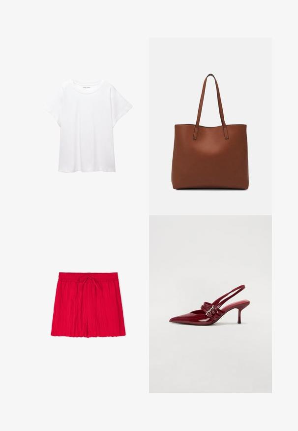 White T-shirt made of soft, lightweight fabric. Features a round neckline and short, wide sleeves with a relaxed fit. No visible patterns.; Red, crinkled fabric shorts with an elastic waistband and a drawstring closure. Features a relaxed fit and hemmed edges.; Red patent leather slingback heels with a pointed toe, two buckle straps, and a slim, mid-height stiletto heel. Smooth texture.; Brown leather tote bag with a smooth texture, open top design, and two shoulder straps. Features minimal stitching and no visible hardware.
