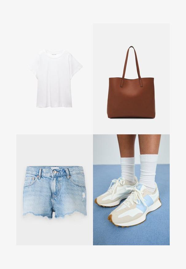 Valkoinen T-paita, joka on valmistettu pehmeästä ja kevyestä kankaasta. Omistaa pyöreän kaula-aukon ja lyhyet, leveät hihat rentoa istuvuutta varten. Ei näkyviä kuvioita.; Vaaleansiniset farkkushortsit, joissa on repaleinen helma, viisi taskua ja hienovarainen kulutustyyli edessä. Metallinen napitus.; Kevyt lenkkarit, joissa on beige ja vaaleansininen muotoilu. Ominaisuuksina mokkanahkaa ja verkkomateriaaleja, valkoiset nauhat ja teksturoitu kumipohja.; Ruskea nahkainen olkalaukku, jossa on sileä pinta, avoin yläosa ja kaksi olkahihnaa. Omaavat vain minimaalisen ompelun eikä näkyvää metalliosaa.