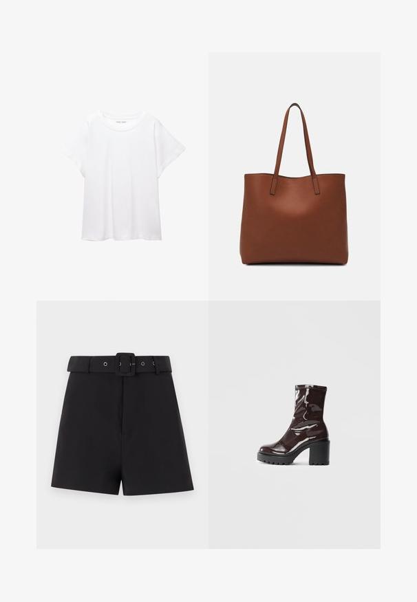 Fehér póló, puha, könnyű anyagból készült. Kerek nyakú, rövid, széles ujjaival és laza szabásával rendelkezik. Nincsenek látható minták.; Fekete rövidnadrág sima anyagból, széles derékkal és övtartókkal, négyzetes csatolással, testhezálló szabással tervezve.; Fényes bordó bokacsizma vastag fekete sarokkal, sima felülettel és egyszerű dizájnnal. Nincsenek látható zárak vagy minták.; Barna bőr vászontáska sima textúrával, nyitott tetejű dizájnnal és két vállpánttal. Minimális varrással és látható hardver nélkül készült.