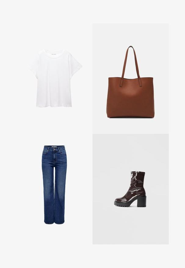 Bílý tričko vyrobené z měkké, lehké tkaniny. Má kulatý výstřih a krátké, široké rukávy s uvolněným střihem. Bez viditelných vzorů.; Džínové kalhoty s vysokým pasem a širokými nohavicemi v tmavě modrém denimu, s knoflíkovým zapínáním, pěti kapsami a kontrastním prošíváním.; Lesklá bordó kotníková bota s masivním černým podpatkem, se hladkým povrchem a jednoduchým designem. Žádné viditelné zapínání ani vzory.; Hnědá kožená taška přes rameno s hladkou texturou, otevřeným designem a dvěma ramenními popruhy. Obsahuje minimální švy a žádné viditelné kovové prvky.
