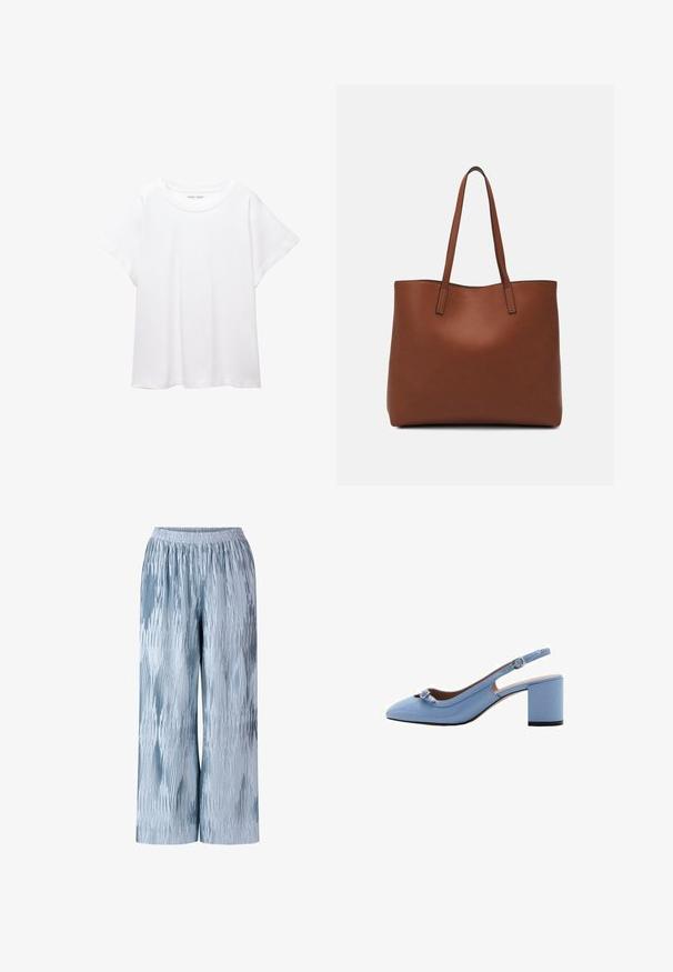 Bijela majica od mekane, lagane tkanine. Ima okrugli izrez i kratke, široke rukave s ležernim krojem. Bez vidljivih uzoraka.; Svijetloplave široke hlače s teksturiranim, nabranim dizajnom koji prikazuje različite nijanse plave i elastičnom gumicom za udoban fit.; Mango Klasične cipele s visokom petom - dark blue; Smeđa kožna torba preko ramena s glatkom teksturom, otvorenim vrhom i dvjema naramenicama. Ima minimalne šavove i nema vidljivog hardvera.