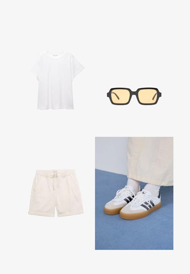 Witte T-shirt van zacht, lichtgewicht stof. Heeft een ronde halslijn en korte, brede mouwen met een ontspannen pasvorm. Geen zichtbare patronen.; Lichtbeige shorts van katoen, met een elastische tailleband, voorzakken en opgerolde manchetten. Eenvoudige, geweven stof en een koordsluiting.; Witte sneakers met zwarte strepen en beige suède accenten. Voorzien van een gestructureerde gumzool en platte witte veters, gedragen met lichtgekleurde sokken.; Zwarte rechthoekige zonnebril met gele glazen, een lichtgewicht montuur en opvallende rechte randen op de temples. Gladde, glanzende afwerking.