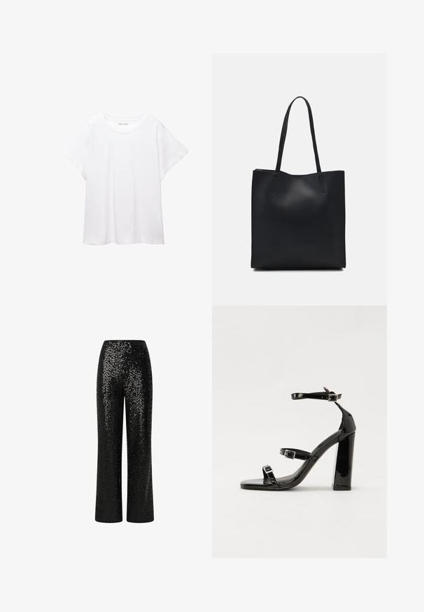 Tricou alb dintr-un material moale și ușor. Prezintă un decolteu rotund și mâneci scurte, largi, cu un croi lejer. Fără modele vizibile.; Pantaloni negri din paiete cu un design drept, având un brâu lis și o textură reflectorizantă, care creează un efect strălucitor.; Sandale negre din piele lacuită, cu toc înalt, două curele cu catarame, vârf pătrat și toc gros, având o textură netedă și lucioasă.; Geantă tote neagră din piele, cu textură netedă, formă rectangulară și două mânere lungi. Fără hardware vizibil sau ornamente.