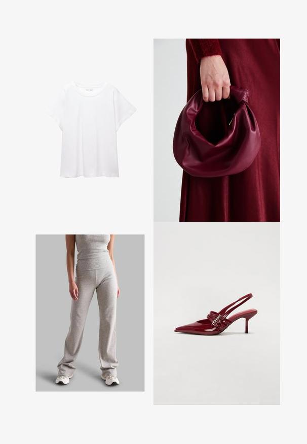 Biele tričko vyrobené z mäkkého, ľahkého materiálu. Má okrúhly výstrih a krátke, široké rukávy s uvoľneným strihom. Bez viditeľných vzorov.; Sivý rebrovaný top a zodpovedajúce nohavice vyrobené z elastického materiálu. Nohavice majú rozšírený strih a sú kombinované s ľahkými teniskami.; Červené lakované kožené sandále na podpätku s jemne špičatou špičkou, dvoma prackovými remienkami a štíhlym, stredne vysokým ihlovým podpätkom. Hladký povrch.; Burgundská kožená kabelka s mäkkým, zhromaždeným dizajnom a zaobleným tvarom. Rukoväť je pevne zaisťujúca a vystavuje hladkú textúru.