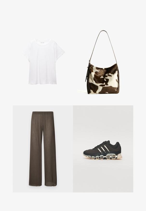 Weißes T-Shirt aus weichem, leichtem Stoff. Mit runder Halslinie und kurzen, weit geschnittenen Ärmeln für einen lässigen Sitz. Keine sichtbaren Muster.; Weite Hose aus einem dunklen Braun, leichtem, strukturiertem Stoff mit weichem Fall. Minimalistisches Design und rohe Saumdetails.; Schwarzer Sportschuh mit einer strukturierten Oberseite, drei silbernen Streifen und einer markanten Dämpfungssohle mit mehreren integrierten Sektionen.; Braune und cremefarbene Kuhhaut-Umhängetasche mit einem glatten Ledertrageriemen, Reißverschluss und einer weichen, strukturierten Oberfläche mit einem natürlichen Muster.
