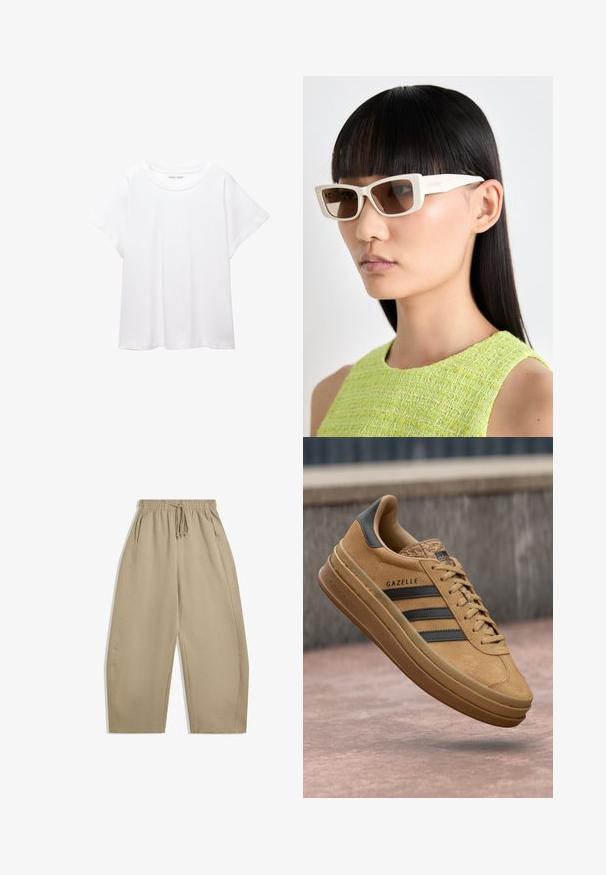 Biała koszulka wykonana z miękkiej, lekkiej tkaniny. Posiada okrągły dekolt oraz krótkie, szerokie rękawy, zapewniające luźny krój. Brak widocznych wzorów.; Beżowe spodnie o szerokich nogawkach wykonane z miękkiego materiału, z elastycznym pasem ze sznurkiem i bocznymi kieszeniami. Gładka faktura, prosty design.; Beżowe zamszowe sneakersy o gładkiej fakturze, z trzema ciemnymi paskami, zaokrąglonym noskiem i grubszą podeszwą z wzorzystym wykończeniem.; Białe prostokątne okulary przeciwsłoneczne z brązowymi szkłami, z małymi akcentami i grubymi oprawkami. Modelka ma proste, ciemne włosy i nosi zielony top o fakturze.
