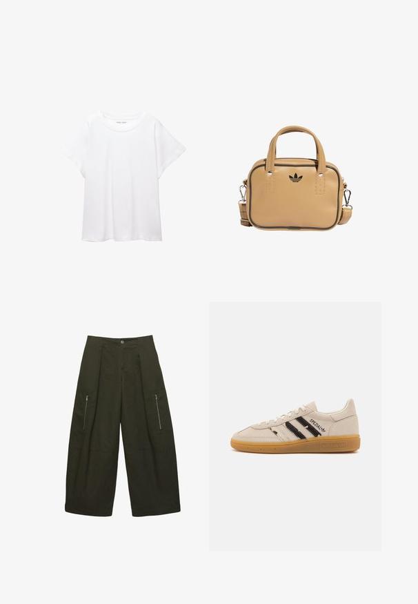T-shirt bianco realizzato in un tessuto morbido e leggero. Presenta un collo rotondo e maniche corte e larghe con vestibilità morbida. Nessun motivo visibile.; Pantaloni cargo a gamba larga in tessuto verde scuro, dotati di due tasche laterali con zip, design frontale plissettato e dettagli cuciti all'orlo.; Sneaker in suede beige con strisce nere e testo "Spezial", dotata di suola in gomma texturizzata e design classico con lacci.; Borsa in ecopelle color tan con due manici, tracolla removibile, cuciture nere a contrasto e un piccolo logo nero sul davanti.