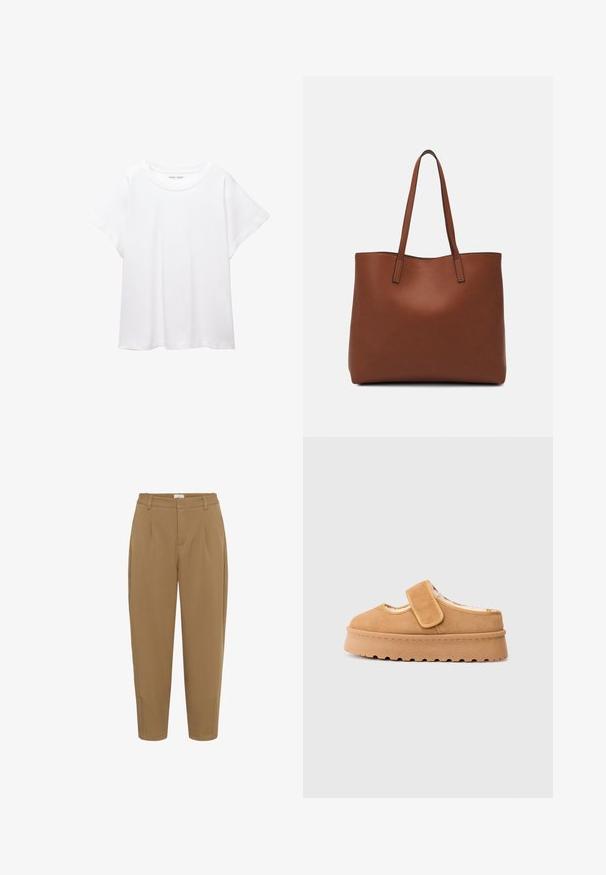 Biele tričko vyrobené z mäkkého, ľahkého materiálu. Má okrúhly výstrih a krátke, široké rukávy s uvoľneným strihom. Bez viditeľných vzorov.; Kaffe KAMERLE PANTS CROPPED - Nohavice - toasted coconut; Hnedé semišové slip-on topánky s suchým zipsom, okrúhlou špičkou a hrubou platformovou podrážkou s texturovaným gumovým vzorom.; Hnedá kožená taška na rameno s hladkou textúrou, otvoreným vrchom a dvoma ramenými popruhmi. Má minimálne šitia a žiadne viditeľné kovania.