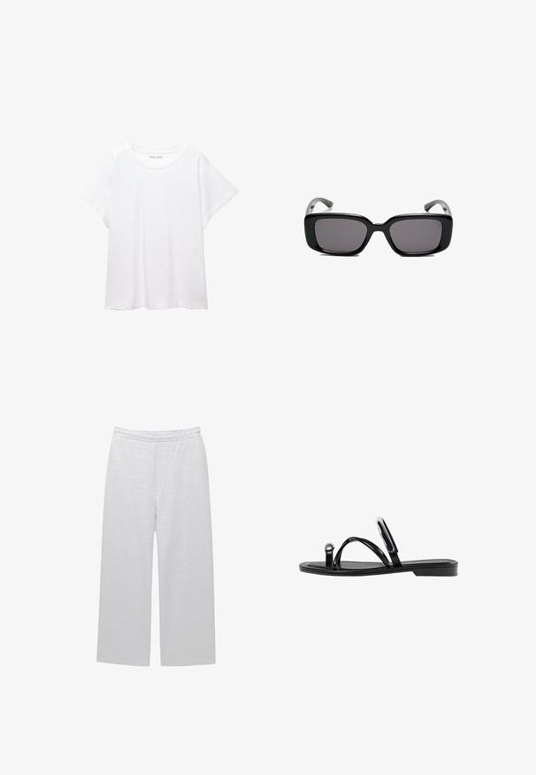 Biała koszulka wykonana z miękkiej, lekkiej tkaniny. Posiada okrągły dekolt oraz krótkie, szerokie rękawy, zapewniające luźny krój. Brak widocznych wzorów.; Białe spodnie szerokie w nogawkach, wykonane z miękkiego materiału z elastycznym paskiem w talii i dwiema bocznymi kieszeniami; gładka tekstura i minimalne detale.; Czarne płaskie sandały o błyszczącym wykończeniu, z trzema cienkimi paskami i okrąłym detalem metalowym na palcach. Smukły design z minimalnym obcasem.; Czarne prostokątne okulary przeciwsłoneczne z ciemnymi soczewkami, gładką plastikową ramką i wygiętymi zausznikami. Projekt jest masywny, o minimalistycznej estetyce.