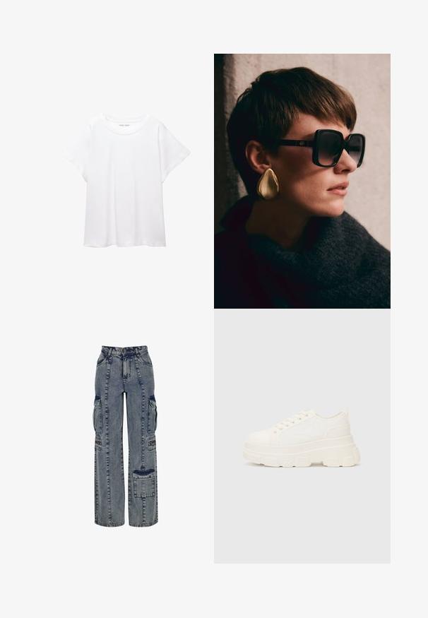 Fehér póló, puha, könnyű anyagból készült. Kerek nyakú, rövid, széles ujjaival és laza szabásával rendelkezik. Nincsenek látható minták.; Világoskék farmer cargo nadrág. Széles lábakkal, több oldalsó zsebbel és kontrasztos sötét farmer betétekkel rendelkezik. Visszajelző varrásokkal van kialakítva.; Fehér vászon sportcipő vastag talppal, lekerekített orral és öt fűzőlyukkal. Hátulján egy fül a könnyű felvétel érdekében. Simára kidolgozott textúra, minimális dizájn.; Fekete, oversize napszemüveg sötét lencsékkel és arany részletekkel, nagy, fényes arany cseppfülbevalóval párosítva. Sötét, texturált sál.