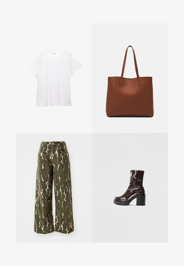 Tricou alb dintr-un material moale și ușor. Prezintă un decolteu rotund și mâneci scurte, largi, cu un croi lejer. Fără modele vizibile.; Jeansi cu croială largă, cu un model de camuflaj în verde și bej, care au un sistem de închidere cu buton și fermoar și un design cu cinci buzunare, realizați din țesătură de denim.; Botine lucioase burgundy, cu toc gros negru, având o textură netedă și un design simplu. Fără închideri sau modele vizibile.; Geantă de umăr din piele maro cu o textură netedă, design cu vârf deschis și două curele pentru umăr. Prezintă cusături minime și fără componente metalice vizibile.