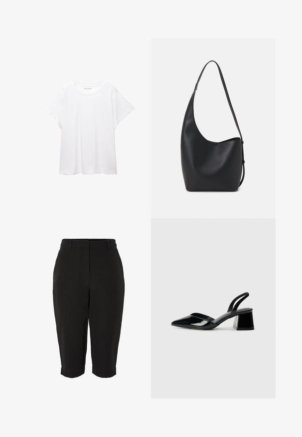 Bijela majica od mekane, lagane tkanine. Ima okrugli izrez i kratke, široke rukave s ležernim krojem. Bez vidljivih uzoraka.; Crne kapri hlače s glatkom teksturom, s krojem koji je prilagođen tijelu, ravnim prednjim dijelom i oborenim rubovima. Bez vidljivih džepova ili ukrasa.; Crne lakirane kožne sandale s otvorenom petom i špicastim vrhom, s geometrijskom blok petom. Imaju elegantan, minimalistički dizajn i glatku teksturu.; Crna kožna hobo torba s glatkom teksturom, zakrivljenim oblikom i jednom podesivom trakicom; ima širok otvor na vrhu.