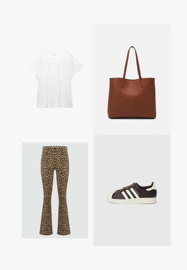 Witte T-shirt van zacht, lichtgewicht stof. Heeft een ronde halslijn en korte, brede mouwen met een ontspannen pasvorm. Geen zichtbare patronen.; Flared broeken met luipaardprint in bruin en beige. Gemaakt van rekbare stof met een zachte textuur. Voorzien van een hoge tailleband voor comfort.; Low-top Adidas Superstar sneaker in donkerbruin leer met crème shell-toe, witte strepen en de tekst "Superstar" aan de zijkant.; Bruine leren tote bag met een gladde textuur, een ontwerp met een open bovenkant en twee schouderbanden. Kenmerkt zich door minimale stiksels en geen zichtbare hardware.