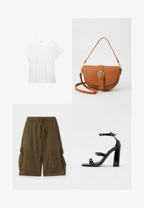 Biała koszulka wykonana z miękkiej, lekkiej tkaniny. Posiada okrągły dekolt oraz krótkie, szerokie rękawy, zapewniające luźny krój. Brak widocznych wzorów.; Khaki zielone szorty cargo wykonane z lekkiego materiału. Posiadają elastyczny pasek w talii, sznurek do regulacji oraz dwie boczne kieszenie cargo.; Czarne lakierowane sandały na wysokim obcasie, z dwoma paskami zapinanymi na klamry, kwadratowy nosek i masywny obcas typu słupek, o gładkiej, błyszczącej fakturze.; Brązowa skórzana torba na ramię o zaokrąglonym kształcie, ze złotymi akcentami i zapięciem w formie klamry. Posiada odpinany pasek na ramię.