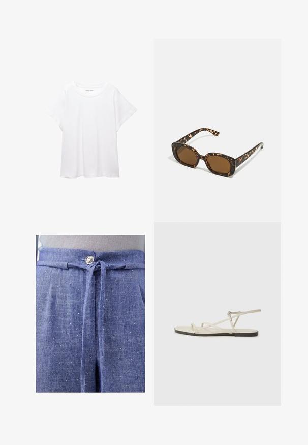 T-shirt bianco realizzato in un tessuto morbido e leggero. Presenta un collo rotondo e maniche corte e larghe con vestibilità morbida. Nessun motivo visibile.; Pantaloni di tessuto blu con una finitura testurizzata, dotati di una vita regolabile con un nodo, un bottone argentato e macchie chiare sparse.; Sandal in beige piatta con multiple cinghie sottili e una fibbia regolabile. La suola è piatta con un leggero contrasto scuro lungo il bordo.; Occhiali da sole in tartaruga con una montatura rotonda e voluminosa e lenti marroni. Presentano delicati motivi e bracci dritti e affusolati.; Borsa in pelle marrone scuro con forma curvata, chiusura con zip e manico corto. Caratterizzata da hardware in metallo e bottoni neri decorativi sul lato.