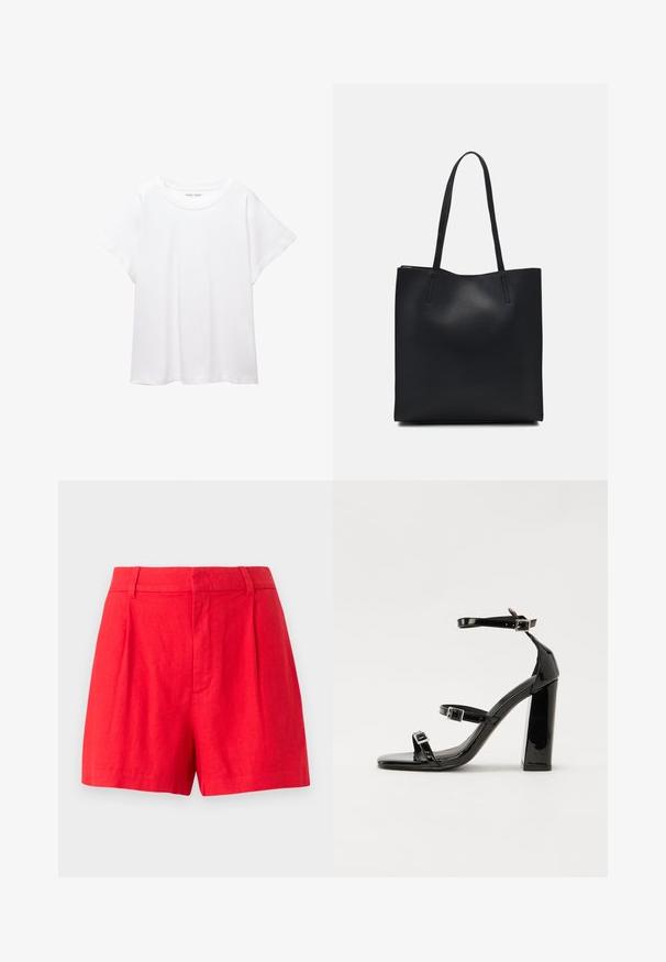 Tricou alb dintr-un material moale și ușor. Prezintă un decolteu rotund și mâneci scurte, largi, cu un croi lejer. Fără modele vizibile.; Pantaloni scurți roșii din in cu un design croit, având plice, o textură netedă și un tiv mediu.; Sandale cu toc din patent negru, cu vârf pătrat, curele la gleznă și catarame din argint. Dispune de un toc gros pentru stabilitate.; Geantă tote neagră din piele, cu textură netedă, formă rectangulară și două mânere lungi. Fără hardware vizibil sau ornamente.