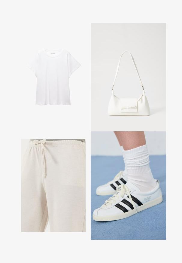 Bijela majica od mekane, lagane tkanine. Ima okrugli izrez i kratke, široke rukave s ležernim krojem. Bez vidljivih uzoraka.; LELA REGULAR FIT - Hlače - beige; Bijele kožne tenisice s crnim prugama, kremasto bijela potplat i svijetle vezice. Nosi se s bijelim rebrastim čarapama, postavljeno na plavoj pozadini.; Bijela sintetička torbica s trokutastim oblikom, ravnim prednjim poklopcem i detaljem u obliku mašne, podesivom remenom, glatkom teksturom i minimalističkim dizajnom.