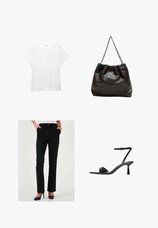 T-shirt bianco realizzato in un tessuto morbido e leggero. Presenta un collo rotondo e maniche corte e larghe con vestibilità morbida. Nessun motivo visibile.; Pantaloni neri su misura con design a gamba dritta, dotati di chiusura con bottone e tasche laterali, realizzati in un tessuto liscio.; Bershka Sandali con tacco - black; Borsa in pelle marrone con parte superiore arricciata e tracolla a catena. Texture liscia con finitura lucida e dettagli di cucitura sottili sui lati.