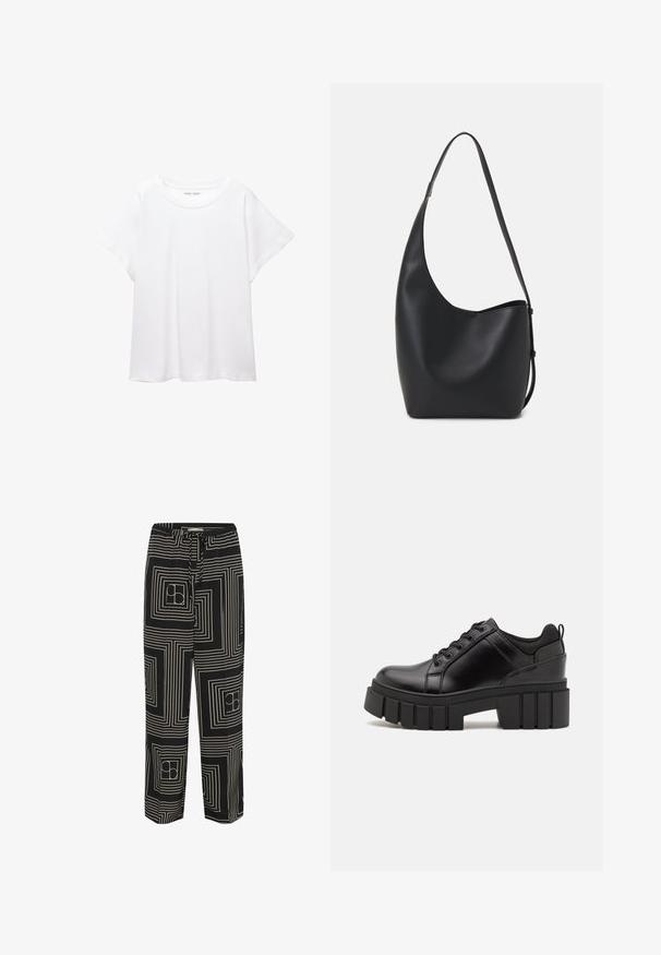 Fehér póló, puha, könnyű anyagból készült. Kerek nyakú, rövid, széles ujjaival és laza szabásával rendelkezik. Nincsenek látható minták.; Fekete nadrág fehér vonalakkal és négyzetekkel díszített geometrikus mintával, húzózsinóros derékkal és széles lábú kialakítással.; Fekete bőr platform cipők vaskos blokk sarkakkal, kerek orral és hagyományos fűzős kialakítással. Simára csiszolt felület és minimális részletezés jellemzi.; Fekete bőr hobo táska sima textúrával, ívelt formával és egyetlen állítható pánttal; széles nyílás található a tetején.