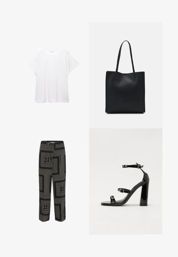 Vit t-shirt som är gjord av mjukt, lätt tyg. Har en rund halsringning och korta, vida ärmar med en avslappnad passform. Inga synliga mönster.; Svarta byxor med ett geometriskt mönster av vita linjer och rutor, designade med dragsko i midjan och vid ben.; Svarta lackerade högklackade sandaler med två spännband, fyrkantig tå och en tjock klack, med en slät och glansig yta.; Svart lädertoffelväska med slät textur, rektangulär form och två långa handtag. Ingen synlig hårdvara eller dekorationer.
