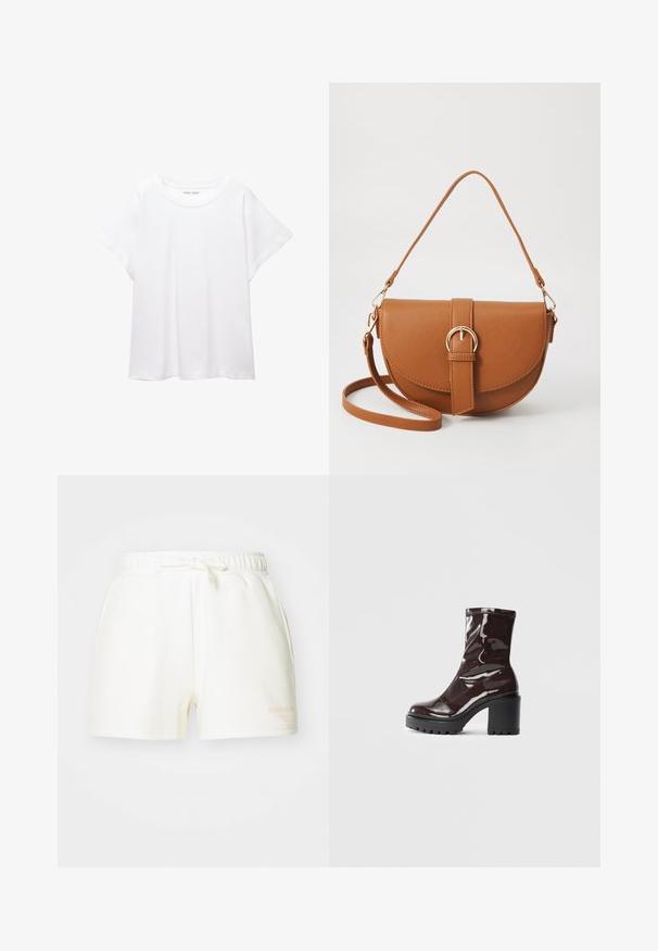 Valkoinen T-paita, joka on valmistettu pehmeästä ja kevyestä kankaasta. Omistaa pyöreän kaula-aukon ja lyhyet, leveät hihat rentoa istuvuutta varten. Ei näkyviä kuvioita.; Valkoiset puuvillahousut, joissa on joustava vyötärö ja solmittava yksityiskohta. Sisältää sivutaskut ja pienen painetun logon vaaleanoranssina.; Satea bordeaux berwarna mengkilap dengan tumit hitam tebal, menampilkan tekstur halus dan desain sederhana. Tanpa pengikat atau pola yang terlihat.; Ruskean nahkainen olkalaukku, jossa on kaareva muoto, kultaiset yksityiskohdat ja solkiyksityiskohta. Varustettu irrotettavalla olkahihnalla.