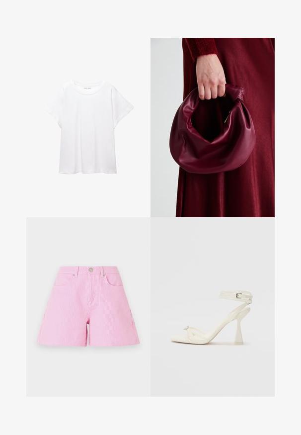 Tricou alb dintr-un material moale și ușor. Prezintă un decolteu rotund și mâneci scurte, largi, cu un croi lejer. Fără modele vizibile.; Shorts roz și albe cu dungi, cu închidere prin buton și fermoar, având buzunare frontale și o croială lejeră. Material din bumbac, textură netedă.; Sandalele cu toc înalt, cu bretele, din piele albă, cu un design elegant, toc transparent și un element decorativ la vârf.; Geantă de mână din piele burgundă, cu un design moale și pliat și o formă rotundă. Mânerele sunt securizate, evidențiind o textură netedă.