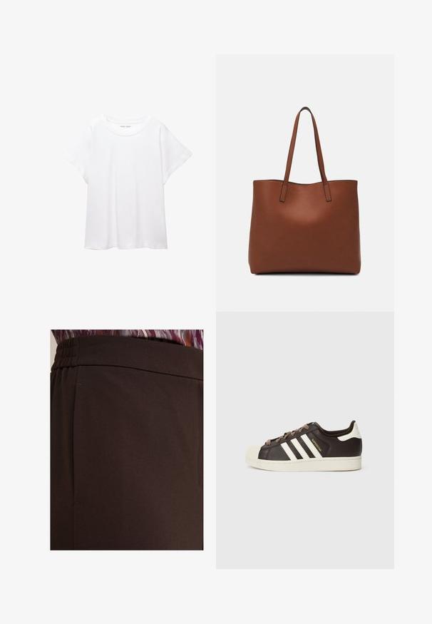Bílý tričko vyrobené z měkké, lehké tkaniny. Má kulatý výstřih a krátké, široké rukávy s uvolněným střihem. Bez viditelných vzorů.; Hnědé kalhoty s hladkou texturou a skládacím pasem a bočními švy. Detailní záběr zdůrazňující propracovanost látky a designové detaily.; Nízký teniska Adidas Superstar z tmavě hnědé kůže s krémovou špičkou, bílými pruhy a nápisem "Superstar" na boku.; Hnědá kožená taška přes rameno s hladkou texturou, otevřeným designem a dvěma ramenními popruhy. Obsahuje minimální švy a žádné viditelné kovové prvky.