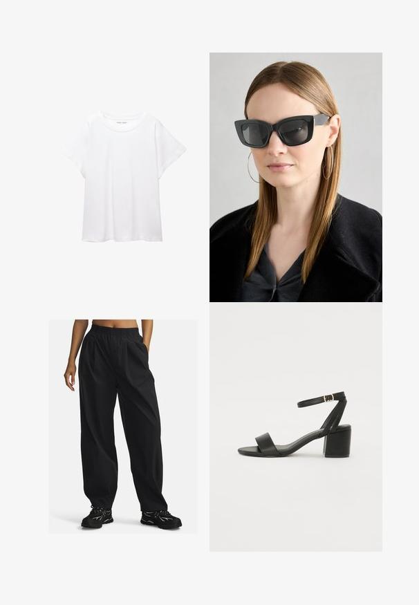 Hvid T-shirt lavet af blødt, let stof. Har en rund halsudskæring og korte, brede ærmer med en afslappet pasform. Ingen synlige mønstre.; Sorte, løstsiddende bukser lavet af letvægtsstof med elastisk talje, der har sidelommer og en glat tekstur.; Sort hæl sandal med en glat læderoverdel, åben tå, brede frontstropper og justerbar ankelrem med detaljer i guldfarve.; Sorte katteøje solbriller med mørke linser, tykke rammer og subtile detaljer. Båret med en sort frakke og en grå bluse, med langt, glat hår.; Sort ruskinds tote taske med en glat tekstur, struktureret form og kontrasterende syninger. Har lange stropper til skulderbæring.