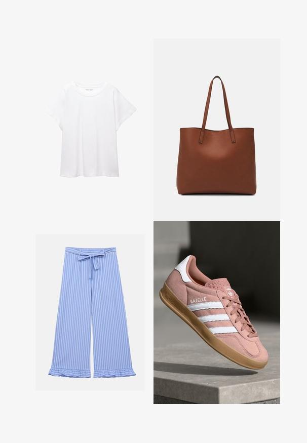 Biele tričko vyrobené z mäkkého, ľahkého materiálu. Má okrúhly výstrih a krátke, široké rukávy s uvoľneným strihom. Bez viditeľných vzorov.; Svetlomodré nohavice so širokými nohavicami a bielymi vertikálnymi pruhmi, s tkaninovým pásom na páse a volánovými lemami. Ľahký, hladký materiál.; Ružové semišové tenisky s bielymi pruhmi, gumovou podrážkou, textúrovaným vrchom a logom na jazykovej části. Klasický nízkoprofilový dizajn.; Hnedá kožená taška na rameno s hladkou textúrou, otvoreným vrchom a dvoma ramenými popruhmi. Má minimálne šitia a žiadne viditeľné kovania.