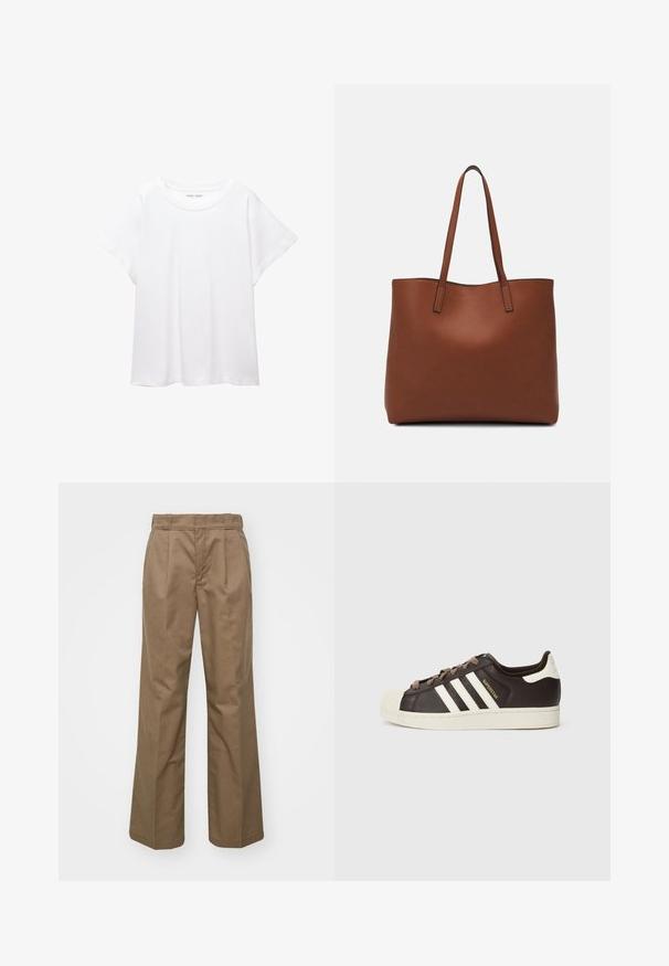 Vit t-shirt som är gjord av mjukt, lätt tyg. Har en rund halsringning och korta, vida ärmar med en avslappnad passform. Inga synliga mönster.; Bruna vid byxor i slitstarkt tyg. Har framfickor, en slät yta och en klassisk midjebandsdesign.; Low-top Adidas Superstar-sneaker i mörkbrunt läder med krämfärgad tåhätta, vita ränder och texten "Superstar" på sidan.; Brun läder tote-väska med en slät textur, öppen toppdesign och två axelremmar. Har minimal söm och ingen synlig metalldetalj.