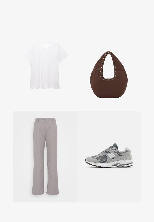 Witte T-shirt van zacht, lichtgewicht stof. Heeft een ronde halslijn en korte, brede mouwen met een ontspannen pasvorm. Geen zichtbare patronen.; Grijze, wijde pantalon met een soepele textuur. Kenmerken zijn voorplooien, een knoopsluiting en zijzakken. Klassiek ontwerp voor veelzijdig gebruik.; Grijze sneaker van mesh en suede materialenen, met een wit logo, gevoerde kraag en een geribbeld rubberen zool. Accentkleuren in donkerder grijs.; Bruine totebag met een gebogen vorm, met een grote uitsnijding voor het handvat, versierd met zilveren studs langs de rand. Gemaakt van zachte stof.