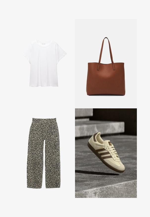 Fehér póló, puha, könnyű anyagból készült. Kerek nyakú, rövid, széles ujjaival és laza szabásával rendelkezik. Nincsenek látható minták.; Leopárdmintás, széles szárú nadrág semleges bézs és fekete színkombinációban. Magas derékkal, öt zsebbel és gombos záródással rendelkezik.; Krém színű sportcipő barna résszel, texturált oldalsávokkal és sima bőr felülettel. Fűzős kialakítású és gumi talpú.; Barna bőr vászontáska sima textúrával, nyitott tetejű dizájnnal és két vállpánttal. Minimális varrással és látható hardver nélkül készült.