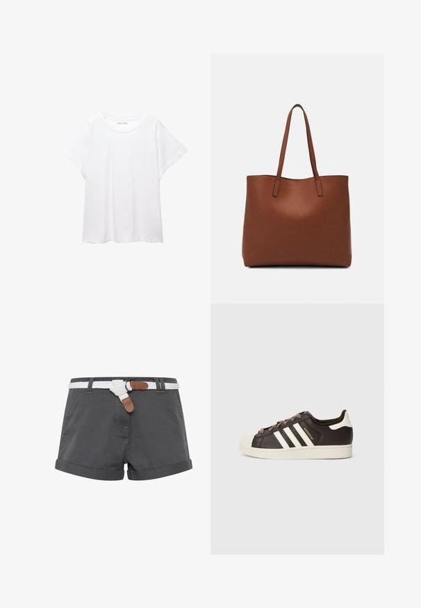 Bela majica s kratkimi rukavi, izdelana iz mehkega in lahkega blaga. Ima okroglo ovratnico ter kratke, široke rokave z udobnim krojem. Brez vidnih vzorcev.; Sivi bombažni šortsi z zavihki, oblečeni z belim pletenim pasom in rjavimi usnjenimi detajli. Vidne šive na tkanini.; Nizki adidas Superstar copat iz temno rjavega usnja s kremasto školjkasto konico, belimi črtami in napisom "Superstar" na strani.; Rjava usnjena torba z gladko teksturo, odprto zasnovo zgoraj in dvema naramnima trakovoma. Opremljena je z minimalnim šivanjem in brez vidnih kovinskih delov.