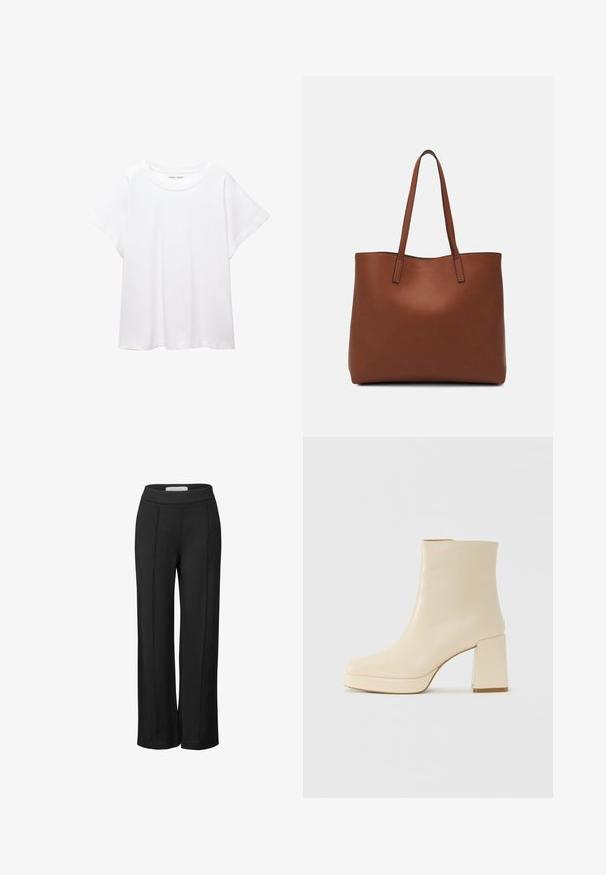 Bílý tričko vyrobené z měkké, lehké tkaniny. Má kulatý výstřih a krátké, široké rukávy s uvolněným střihem. Bez viditelných vzorů.; Černé široké kalhoty vyrobené z měkkého materiálu s hladkou texturou. Mají vysoký elastický pas a jemné přední skládané prvky.; Béžová kožená kotníková bota s blokovým podpatkem a platformovou podrážkou, hladký povrch a mírně čtvercová špička, otočená vlevo na bílém pozadí.; Hnědá kožená taška přes rameno s hladkou texturou, otevřeným designem a dvěma ramenními popruhy. Obsahuje minimální švy a žádné viditelné kovové prvky.