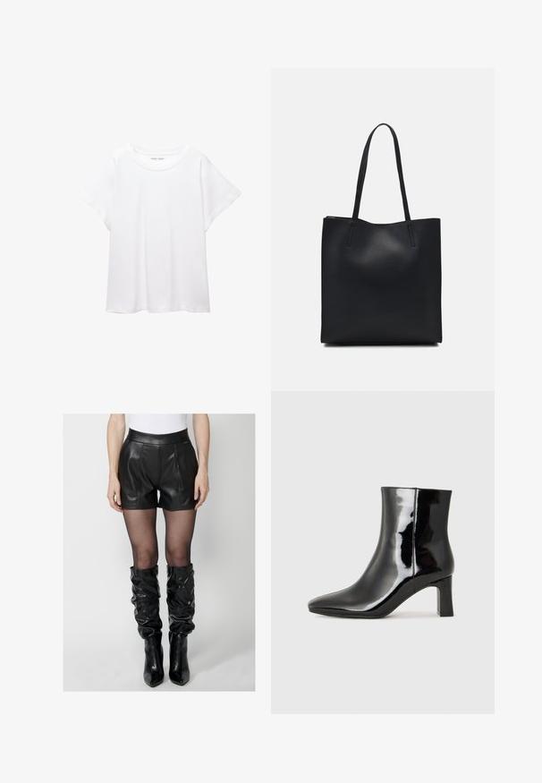 Bela majica s kratkimi rukavi, izdelana iz mehkega in lahkega blaga. Ima okroglo ovratnico ter kratke, široke rokave z udobnim krojem. Brez vidnih vzorcev.; Koroshi Kratke hlače - black; Črne lakirane gležnjarje z ošiljenim nosom in srednje visokim blokastim peto. Gladka tekstura in minimalističen dizajn.; Črna usnjena torba s svilnato teksturo, pravokotne oblike in dvema dolgima ročajema. Brez vidnih metalnih delov ali okrasnih elementov.