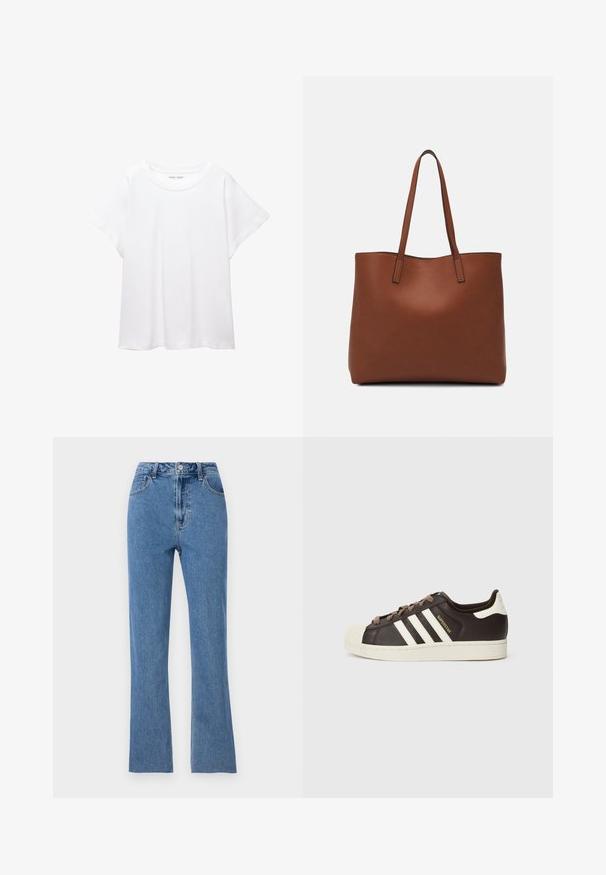 Fehér póló, puha, könnyű anyagból készült. Kerek nyakú, rövid, széles ujjaival és laza szabásával rendelkezik. Nincsenek látható minták.; Rásimuló kék farmernadrág, magas derekú, harangszárú kivitelben, finom varrási részletekkel. Klasszikus, öt zsebes dizájn.; Sötétbarna bőr alacsony szárú Adidas Superstar sportcipő krémszínű kagyló orral, fehér csíkokkal és "Superstar" felirattal az oldalon.; Barna bőr vászontáska sima textúrával, nyitott tetejű dizájnnal és két vállpánttal. Minimális varrással és látható hardver nélkül készült.