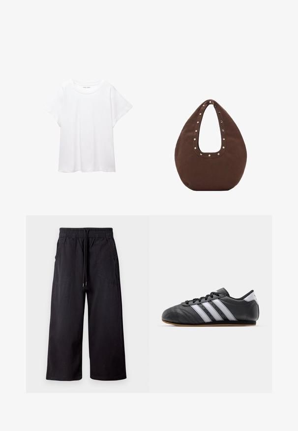Bela majica s kratkimi rukavi, izdelana iz mehkega in lahkega blaga. Ima okroglo ovratnico ter kratke, široke rokave z udobnim krojem. Brez vidnih vzorcev.; Črne široke hlače iz bombaža, z elastičnim pasom in vrvico za zategovanje, dvema stranskima žepoma ter gladko, mat teksturo.; Črne usnjene športne čevlje z belimi črtami, okroglo konico, ravnim podplatom in vezalnim zapiranjem. Ima perforacije za zračnost.; Rjava torba z ukrivljeno obliko, opremljena z velikim izrezanim ročajem, okrašenim s srebrnimi zakovkami ob robu. Narejena iz mehkega blaga.