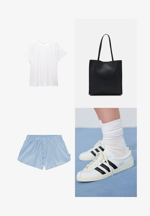 Fehér póló, puha, könnyű anyagból készült. Kerek nyakú, rövid, széles ujjaival és laza szabásával rendelkezik. Nincsenek látható minták.; Kék és fehér csíkos rövidnadrág, elasztikus derékpánttal, két gombbal elöl és laza szabással. Az anyag simának tűnik, könnyű textúrával.; Fehér bőr sportcipők fekete csíkokkal, krém színű talppal és világos fűzőkkel. Fehér bordázott zoknival viselve, kék háttér előtt.; Fekete bőrtáska sima felszínnel, téglalap alakú, két hosszú füllel. Nincs látható fémkiegészítő vagy díszítés.