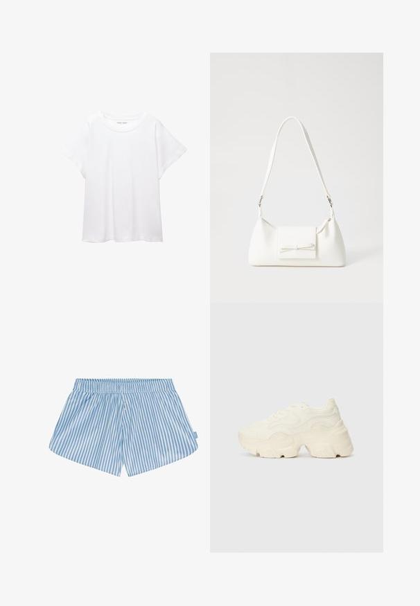 T-shirt blanc en tissu doux et léger. Il présente un col rond et des manches courtes et larges avec une coupe décontractée. Aucun motif visible.; Shorts rayés bleu et blanc avec une taille élastique, deux boutons sur le devant et une coupe décontractée. Le tissu semble lisse avec une texture légère.; Baskets blanches chunky en maille texturée et matériaux synthétiques, avec une semelle épaisse et des détails en motif complexes sur les côtés.; Sac à main synthétique blanc en forme triangulaire, avec un rabat avant plat et un détail en nœud, une bandoulière ajustable, une texture lisse et un design minimaliste.