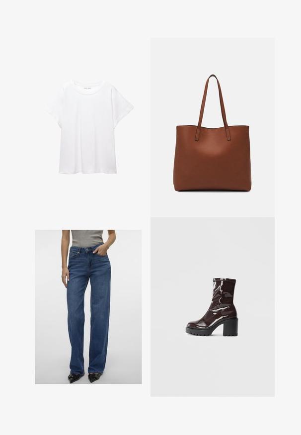 Bela majica s kratkimi rukavi, izdelana iz mehkega in lahkega blaga. Ima okroglo ovratnico ter kratke, široke rokave z udobnim krojem. Brez vidnih vzorcev.; Svijetloplave traperice visokog struka ravnog kroja, od trapera, s prednjim džepovima, zatvaranjem na dugme i patentni zatvarač, te suptilnim izbljeđenjem.; Sijajan škrlatank z bleščečim videzom, z masivnim črnim peto, ki se ponaša z gladko teksturo in preprostim dizajnom. Brez vidnih zapenjal ali vzorcev.; Rjava usnjena torba z gladko teksturo, odprto zasnovo zgoraj in dvema naramnima trakovoma. Opremljena je z minimalnim šivanjem in brez vidnih kovinskih delov.