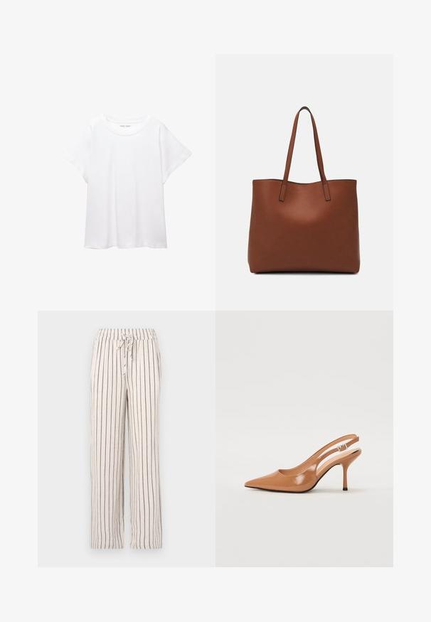 Fehér póló, puha, könnyű anyagból készült. Kerek nyakú, rövid, széles ujjaival és laza szabásával rendelkezik. Nincsenek látható minták.; Műlinen nadrág függőleges sötétkék csíkokkal, rugalmas derékpánttal és zsinór részlettel. Laza fazon, egyenes lábakkal és puha textúrával.; Fingerszűk, hegyes orrú, háttámlás sarokcipő sima, fényes barnás anyagból. Íves kivágású dizájn és karcsú stiletto sarkú. Ezüst csattal ellátva.; Barna bőr vászontáska sima textúrával, nyitott tetejű dizájnnal és két vállpánttal. Minimális varrással és látható hardver nélkül készült.