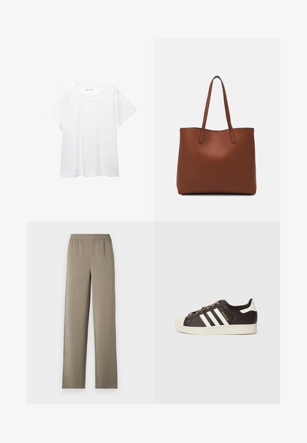 Fehér póló, puha, könnyű anyagból készült. Kerek nyakú, rövid, széles ujjaival és laza szabásával rendelkezik. Nincsenek látható minták.; Húzható nadrág világos khaki színben. Simább anyagból készült, rugalmas derékpánttal és széles lábakkal. Nincsenek látható minták vagy kiegészítők.; Sötétbarna bőr alacsony szárú Adidas Superstar sportcipő krémszínű kagyló orral, fehér csíkokkal és "Superstar" felirattal az oldalon.; Barna bőr vászontáska sima textúrával, nyitott tetejű dizájnnal és két vállpánttal. Minimális varrással és látható hardver nélkül készült.