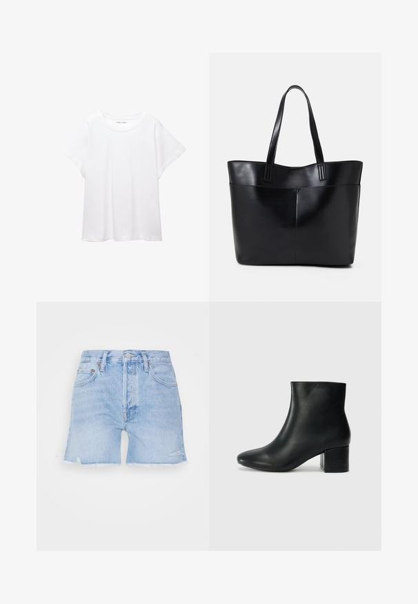 Fehér póló, puha, könnyű anyagból készült. Kerek nyakú, rövid, széles ujjaival és laza szabásával rendelkezik. Nincsenek látható minták.; Világoskék farmer rövidnadrág, rojtos szegéllyel. Klasszikus öt zsebes dizájnnal, gombos záródással és enyhe kopással az anyagon.; Fekete bőr bokacsizma hegyes orral és vastag sarokkal. Sima felület minimális díszítéssel és karcsú, passzos kialakítással.; Fekete bőr bevásárlótáska két hosszú fogantyúval, sima felülettel és strukturált formával. Elülső zseb található rajta a plusz tárolás érdekében.