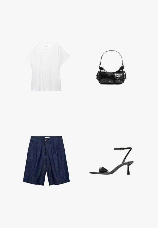 T-shirt blanc en tissu doux et léger. Il présente un col rond et des manches courtes et larges avec une coupe décontractée. Aucun motif visible.; Shorts en jean bleu marine avec une coupe droite, plis à l'avant, fermeture à bouton et deux poches latérales. Texture lisse avec des coutures discrètes.; Bershka Sandales à talons hauts - black; Sac à main en cuir verni noir avec une forme incurvée, une bandoulière, des poches avant et des accents en métal argenté.