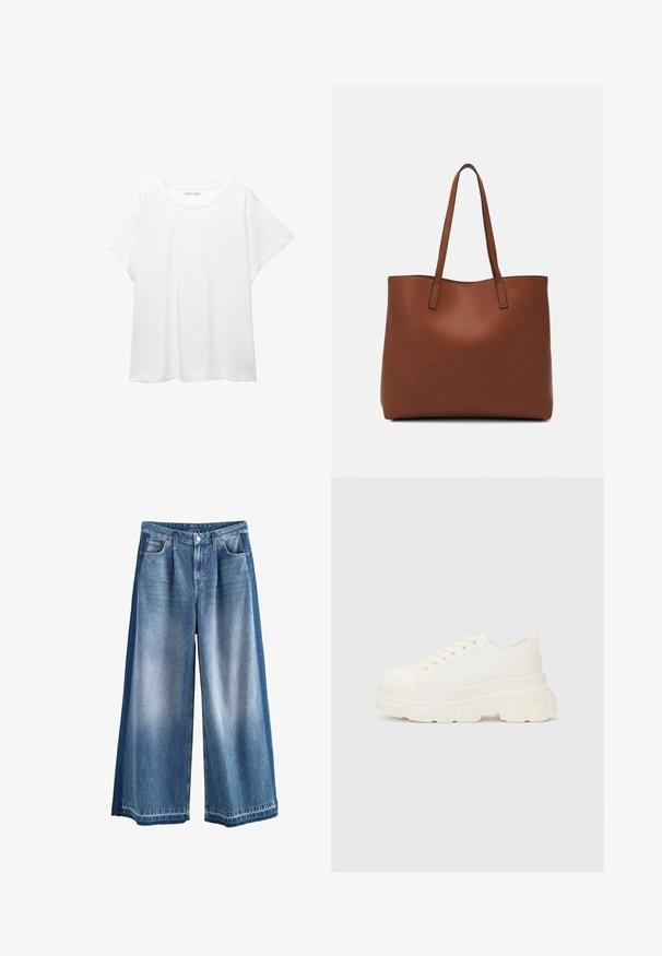 Biele tričko vyrobené z mäkkého, ľahkého materiálu. Má okrúhly výstrih a krátke, široké rukávy s uvoľneným strihom. Bez viditeľných vzorov.; Džínsy s širokými nohavicami v svetlom až strednom odtieni modrej, s vyblednutým efektom, klasickými vreckami a zapínaním na gombíky. Pevný bavlnený materiál.; Biele plátené tenisky s hrubou podrážkou, zaoblenou špičkou a piatimi očkami na šnúrky. Zadný popruh pre jednoduché obúvanie. Hladká textúra, minimalistický dizajn.; Hnedá kožená taška na rameno s hladkou textúrou, otvoreným vrchom a dvoma ramenými popruhmi. Má minimálne šitia a žiadne viditeľné kovania.