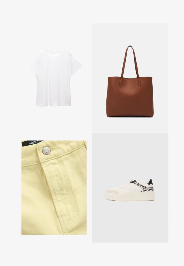 Weißes T-Shirt aus weichem, leichtem Stoff. Mit runder Halslinie und kurzen, weit geschnittenen Ärmeln für einen lässigen Sitz. Keine sichtbaren Muster.; Nahaufnahme eines gelben Denim-Stoffs mit Knopf und Nähdetails, versehen mit einem sichtbaren Etikett, das "NEXT DENIM" sagt.; Even&Odd Sneaker low - white/black; Braune Leder-Tote mit glatter Textur, offenem Oberteil und zwei Schulterriemen. Verfügt über minimale Nähte und keine sichtbaren Beschläge.