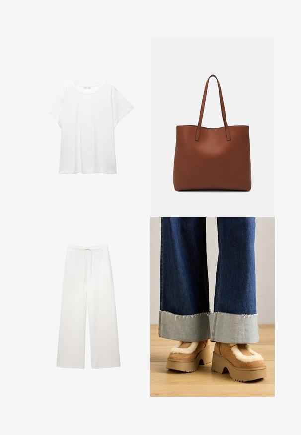 Weißes T-Shirt aus weichem, leichtem Stoff. Mit runder Halslinie und kurzen, weit geschnittenen Ärmeln für einen lässigen Sitz. Keine sichtbaren Muster.; Lockere weiße Schlaghosen mit einem elastischen Bund und Kordelzug, entworfen für Freizeitlooks.; Braune Wildleder-Plateau-Stiefel mit cremefarbener Fellfütterung, kombiniert mit weiten Denim-Hosen mit fransigen Säumen und einem helleren Denim-Bündchen.; Braune Leder-Tote mit glatter Textur, offenem Oberteil und zwei Schulterriemen. Verfügt über minimale Nähte und keine sichtbaren Beschläge.