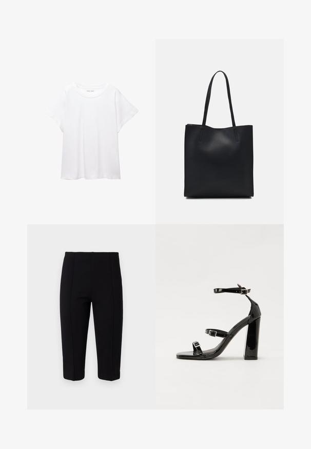 Tricou alb dintr-un material moale și ușor. Prezintă un decolteu rotund și mâneci scurte, largi, cu un croi lejer. Fără modele vizibile.; Pantaloni negri scurți dintr-un material elastic, cu detalii de cusătură în față și o croială ajustată, oferind o siluetă netedă.; Sandale cu toc din patent negru, cu vârf pătrat, curele la gleznă și catarame din argint. Dispune de un toc gros pentru stabilitate.; Geantă tote neagră din piele, cu textură netedă, formă rectangulară și două mânere lungi. Fără hardware vizibil sau ornamente.